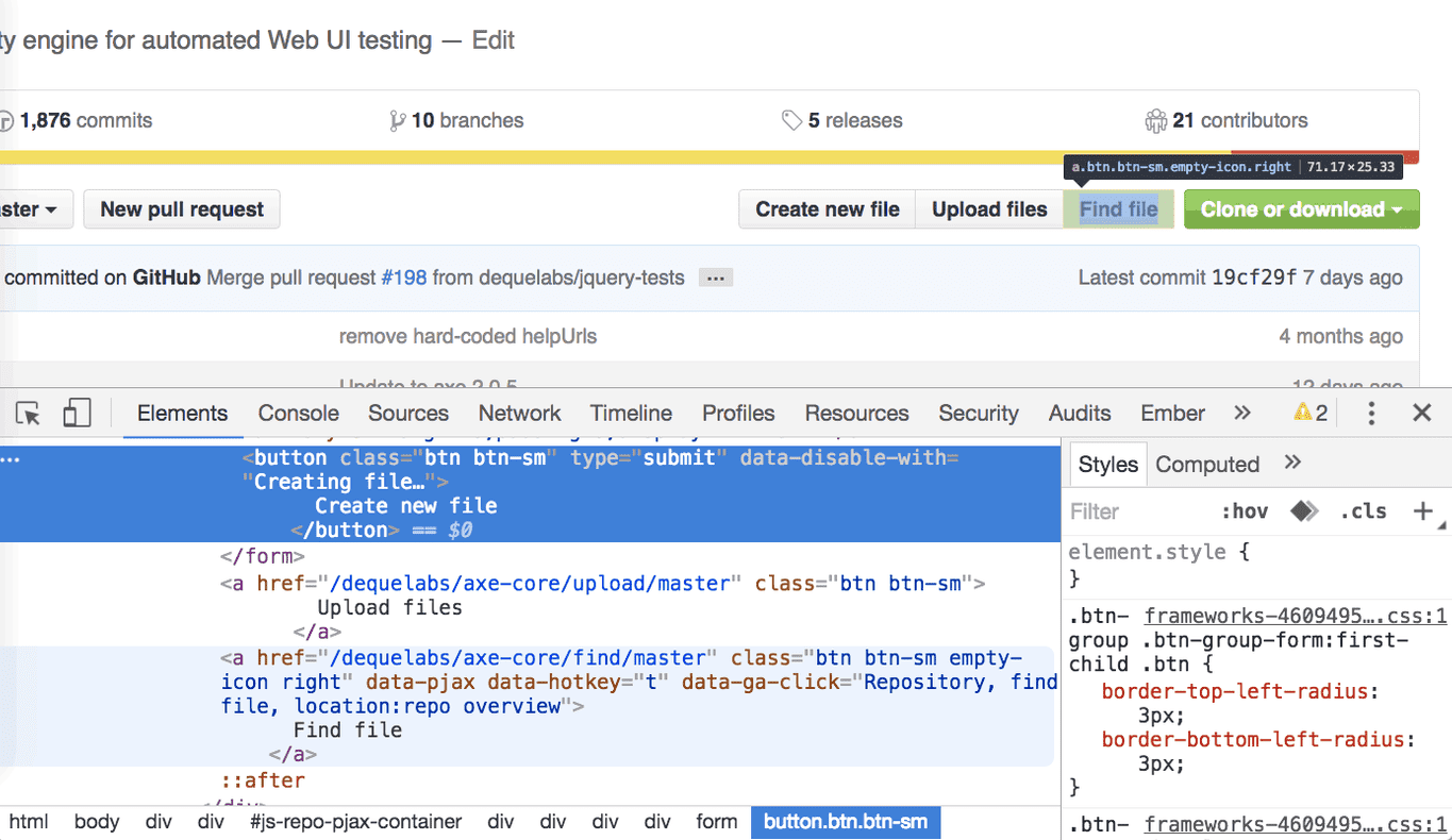Github with developer tools open showing buttons next to identical links