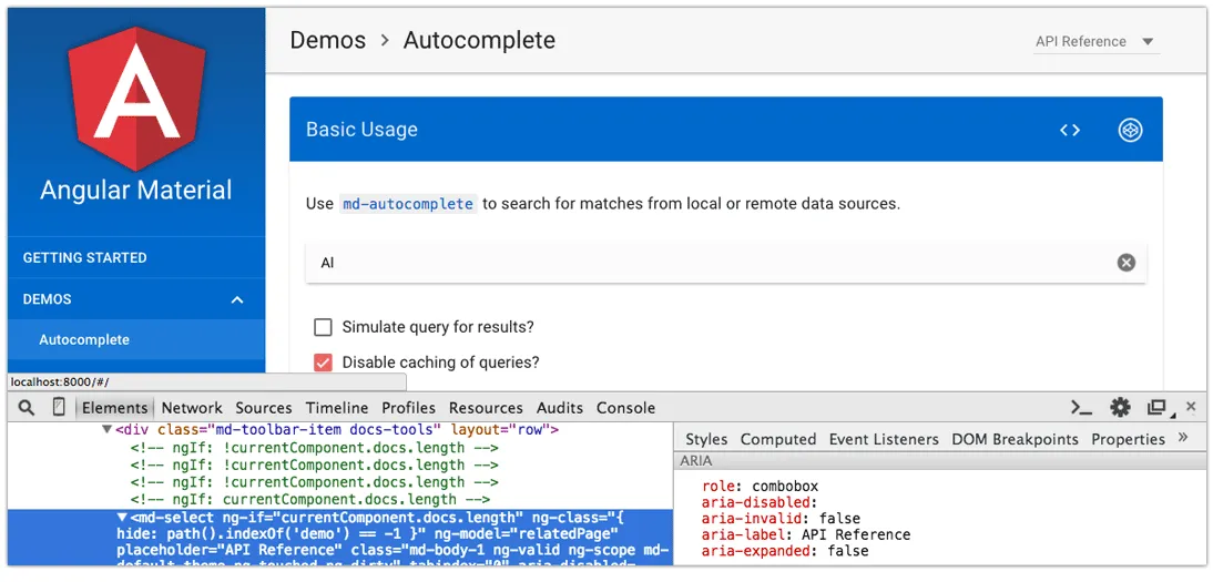 Angular Material Design with developer tools visible