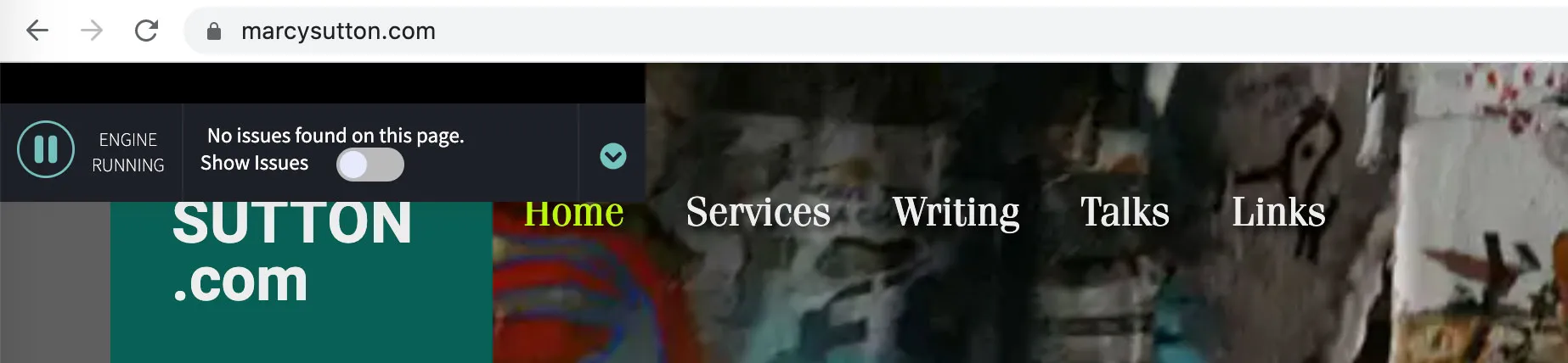 Evinced's User Flow Analyzer extension running on this site, with zero errors