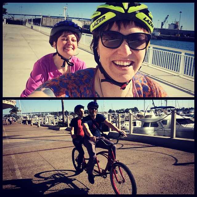 Horizontallly-split diptych, top photo: Laura Legendary (rear seat) and me (front seat) riding a tandem bicycle on the boardwalk in San Diego, laughing in our helmets. Bottom photo: Victor Tsaran (rear seat) and Mark Sadecki (front seat) riding a tandem bicycle amongst palm trees, boats and water