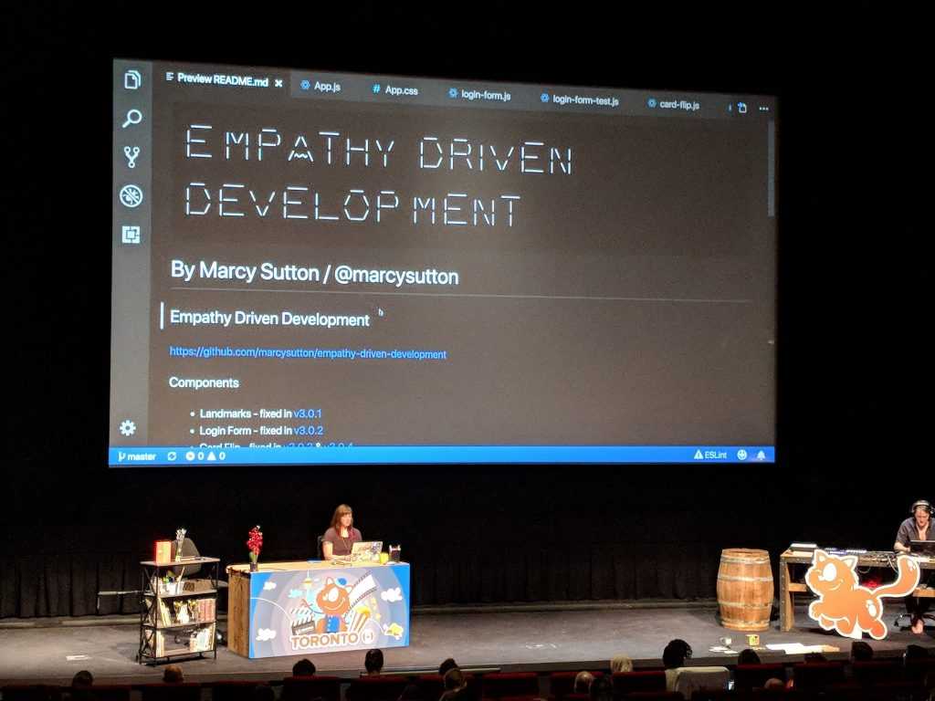 Me presenting Empathy Driven Development on stage at Smashing Conf Toronto
