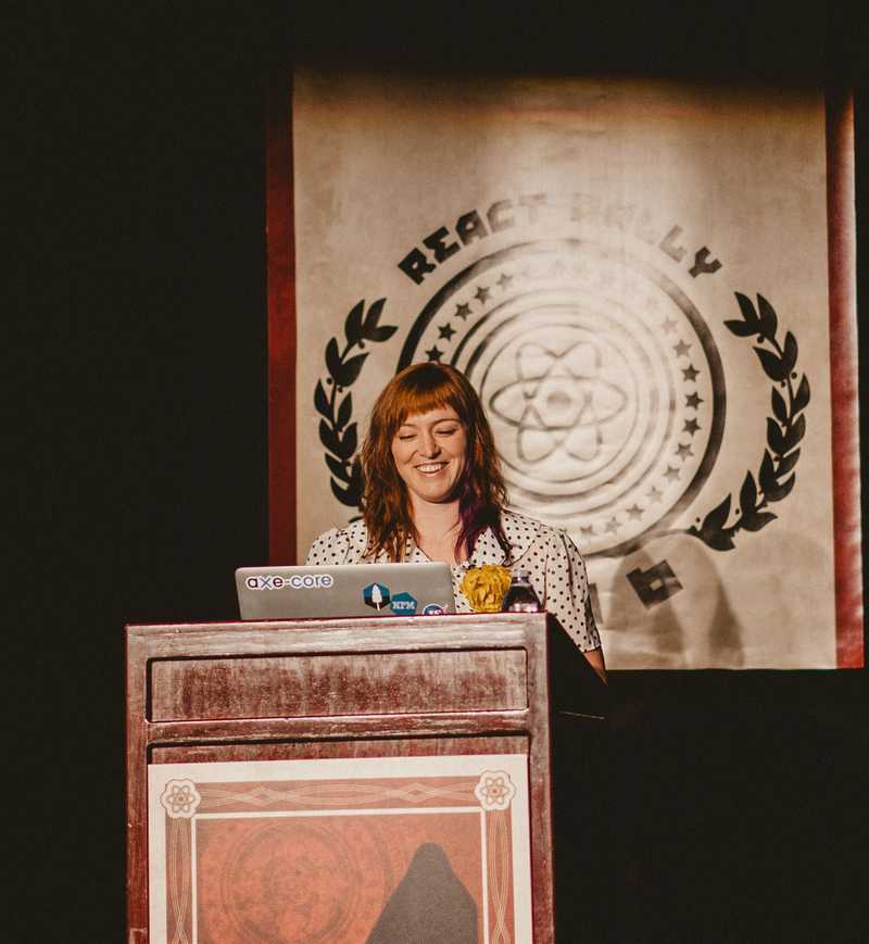 Marcy speaking at React Rally in 2016